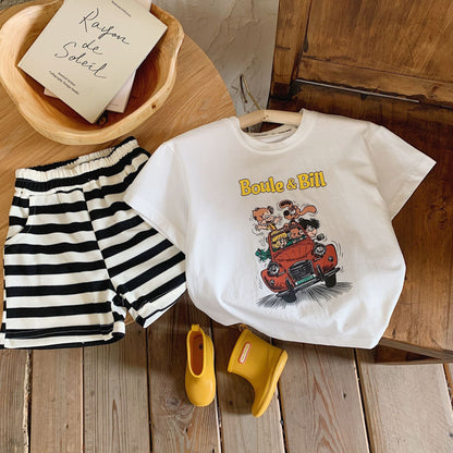 Children's suit 2024 Bangcheng summer style boys and girls cartoon print short-sleeved T + striped shorts two-piece suit F0136