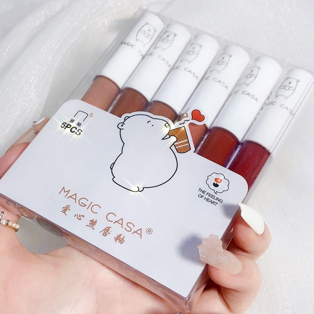 MAGIC CASA Love Bear Lip Glaze Six-Piece Set Non-Fading Lipstick Matte Moisturizing Lip Mud Cross-Border Makeup