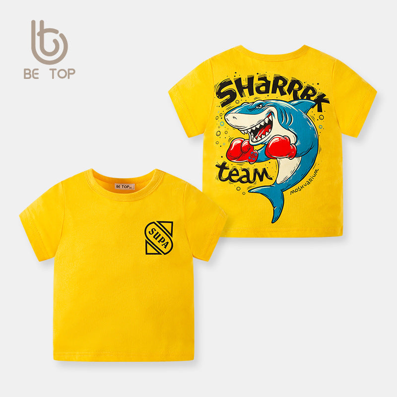 2024 Summer New Children's Cartoon Shark Printed Short Sleeve T-shirt Boys Sweatshirt Half Sleeve Manufacturer One Piece Dropshipping