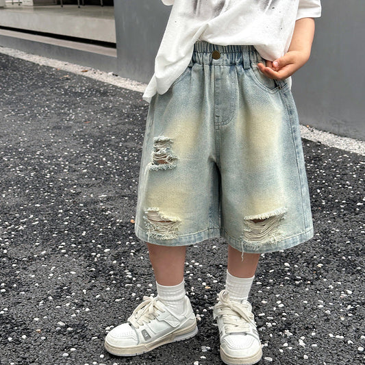 Boys summer ripped denim shorts 2024 new children's clothing shorts boys summer handsome loose pants