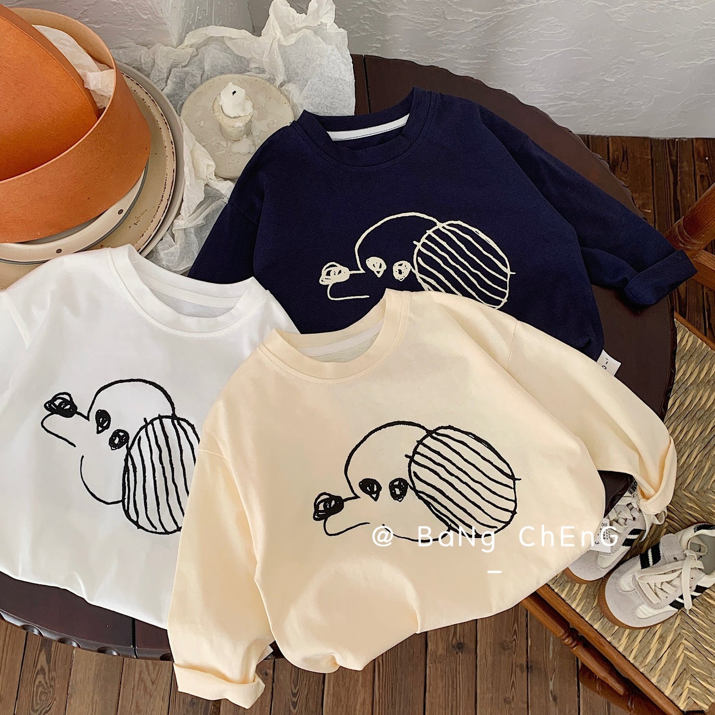 Children's T-shirt Bangcheng 2024 Spring New Children's Clothing Cartoon Dog Long Sleeve Boys and Girls Simple Drawing Top G0048