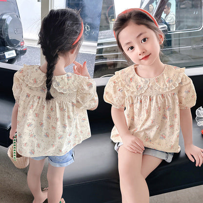 Girls Summer Short Sleeve Tops Cotton Shirt Button Cotton Floral Sweet Lace Korean Kindergarten Baby Shirt