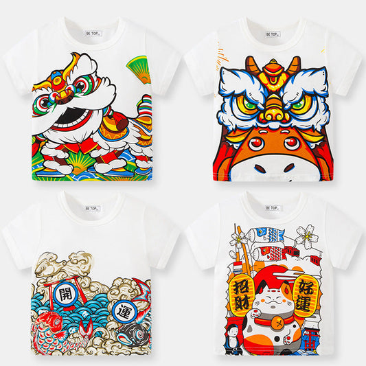 Children's clothing new Chinese style lion dance koi lucky cat print children's short-sleeved stylish T-shirt festive New Year top