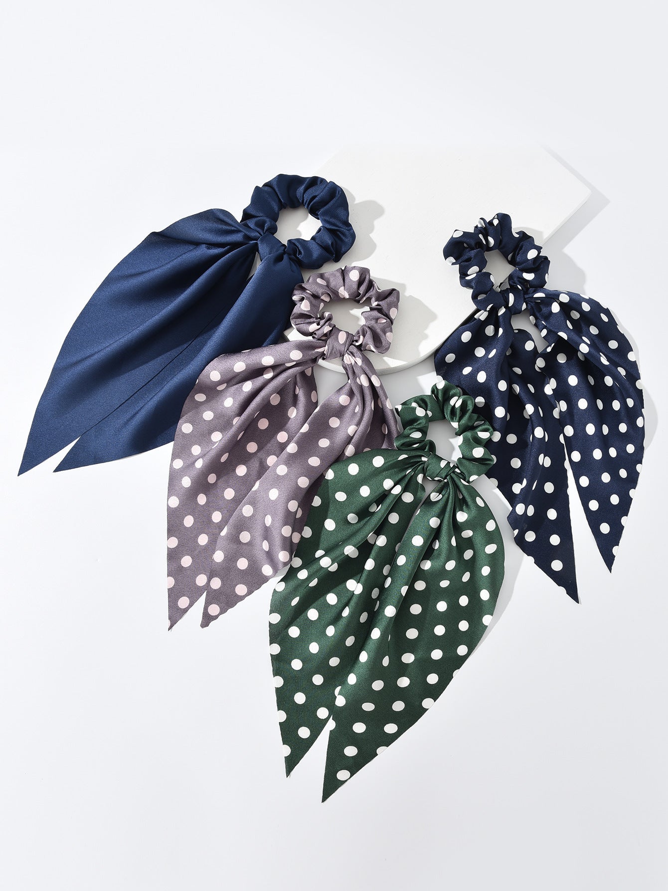 Blue cross-border exclusive new imitation silk dot triangle long ribbon headband female large intestine hair ring head flower set