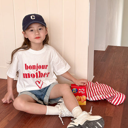 Amo Beibei middle and large children's loose tops 2024 summer boys and girls handsome letters love cotton short-sleeved T-shirt