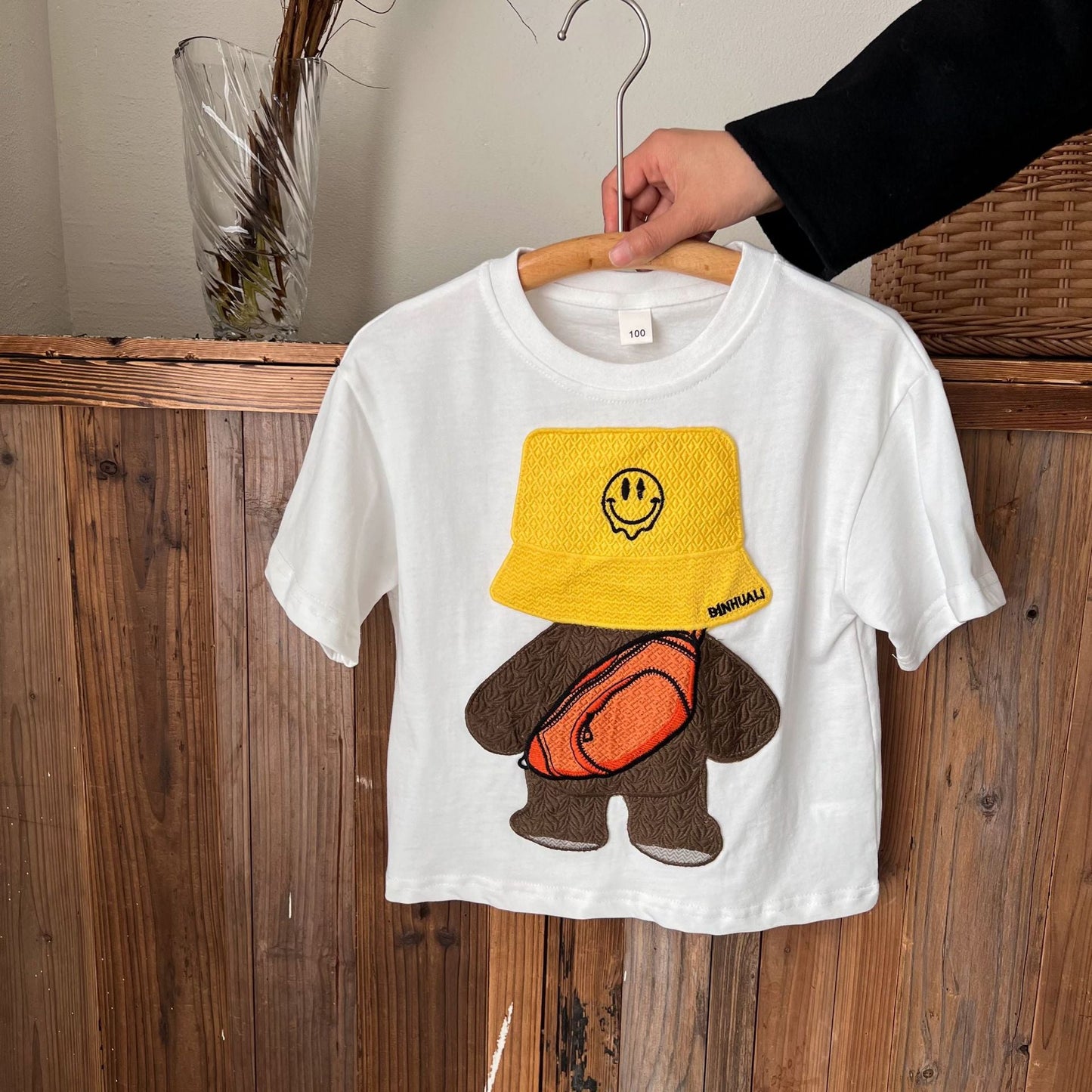 2024 summer new boys cartoon cute hat bear fashion children's trendy short-sleeved T-shirt