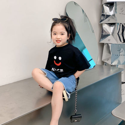 Korean children's clothing 2024 summer children's short-sleeved bottoming shirts for boys and girls with smiley face prints loose T-shirts and stylish tops