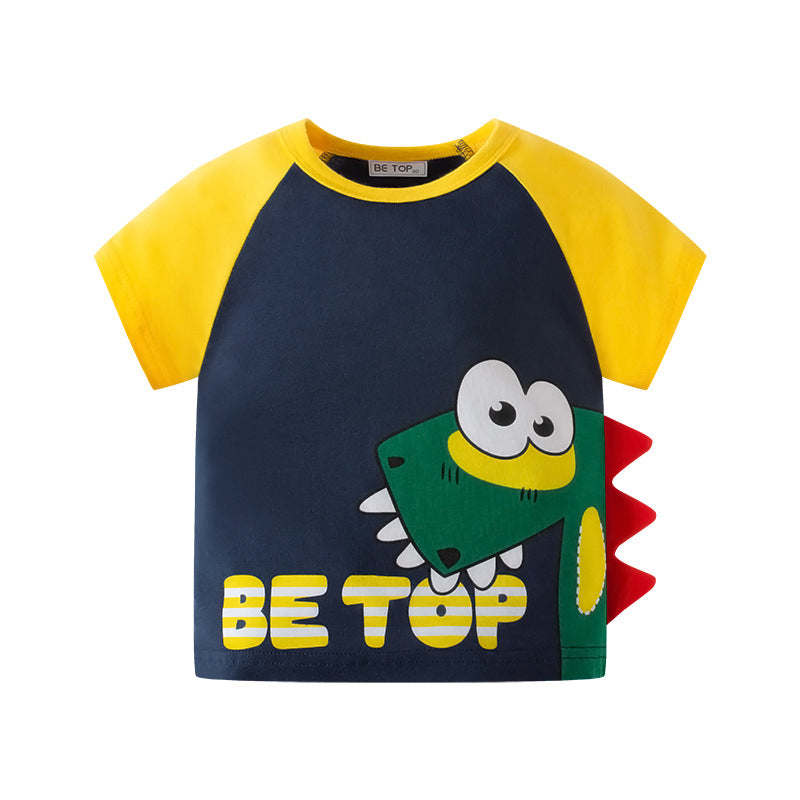 betop children's clothing 2024 new summer new children's short-sleeved cartoon dinosaur color matching pure cotton baby boy T-shirt