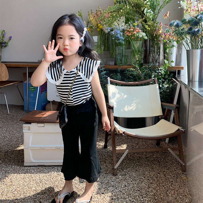 2024 summer new style girls pants small children black irregular wood ear flared pants stylish knitted trousers trend