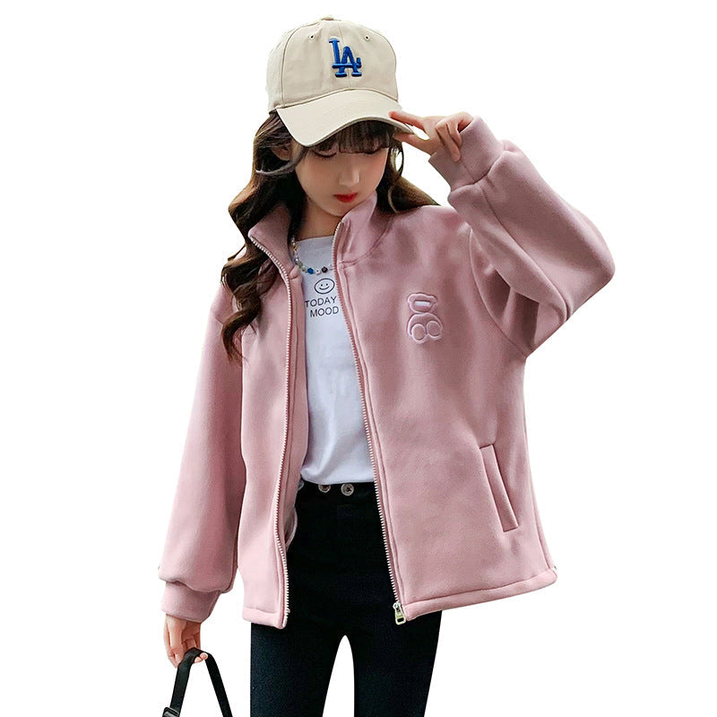 Girls winter fleece jacket 2024 new spring and winter medium and large children's cardigan lining double-sided fleece thickened warm trend