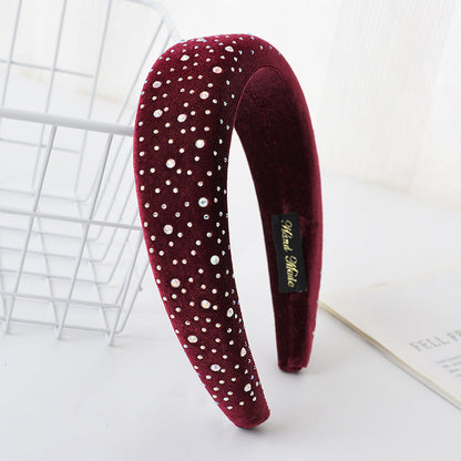 New French headband for women European and American retro diamond-studded sponge flat head buckle solid color fabric wide-brimmed headband hair cave for women