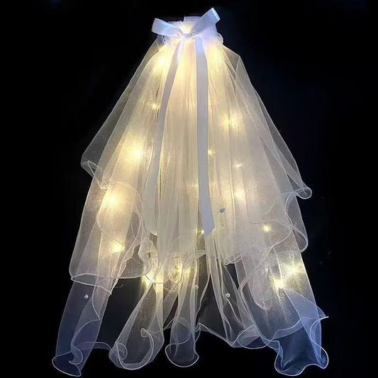 Night market celebrity bead veil with light glowing double-layer super fairy double-layer ribbon bow veil with light headdress