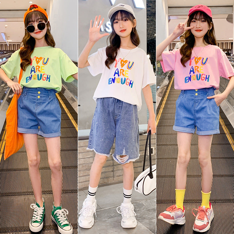 2024 Summer Girls Short-sleeved T-shirts for Middle and Large Children Loose Letter Casual Tops Trendy Children's Summer Clothes