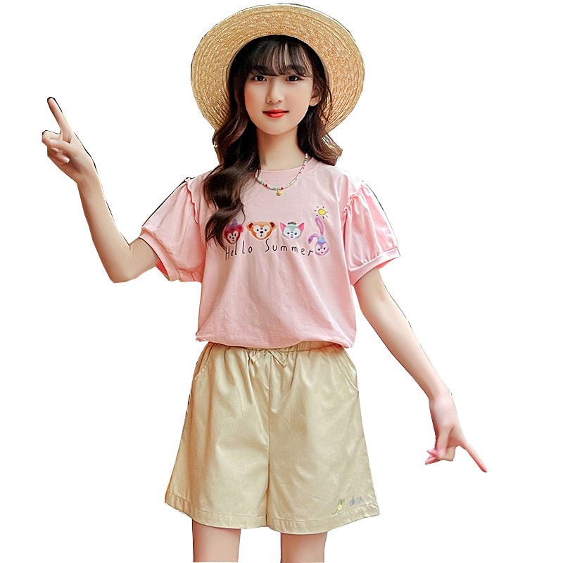 Girls summer short-sleeved T-shirt with cotton earrings and fragrant elastic for middle and large children, primary and junior high school students, fat cartoon trend