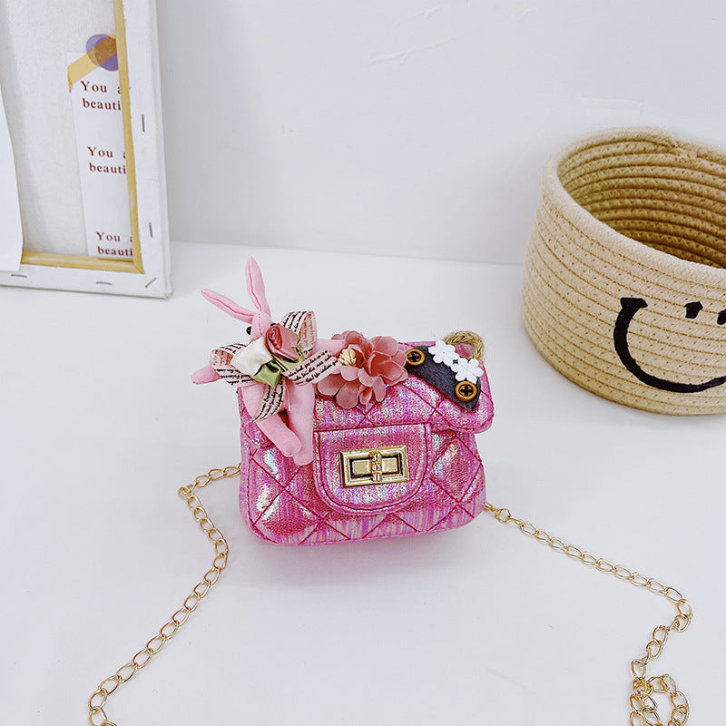 Korean fashion small square bag cartoon bunny pendant girl accessories bag shiny small square bag crossbody children's bag