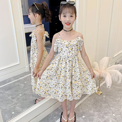 Girls suspender long skirt 2024 new summer clothes for middle and large children floral chiffon dress fashionable skirt trendy spring