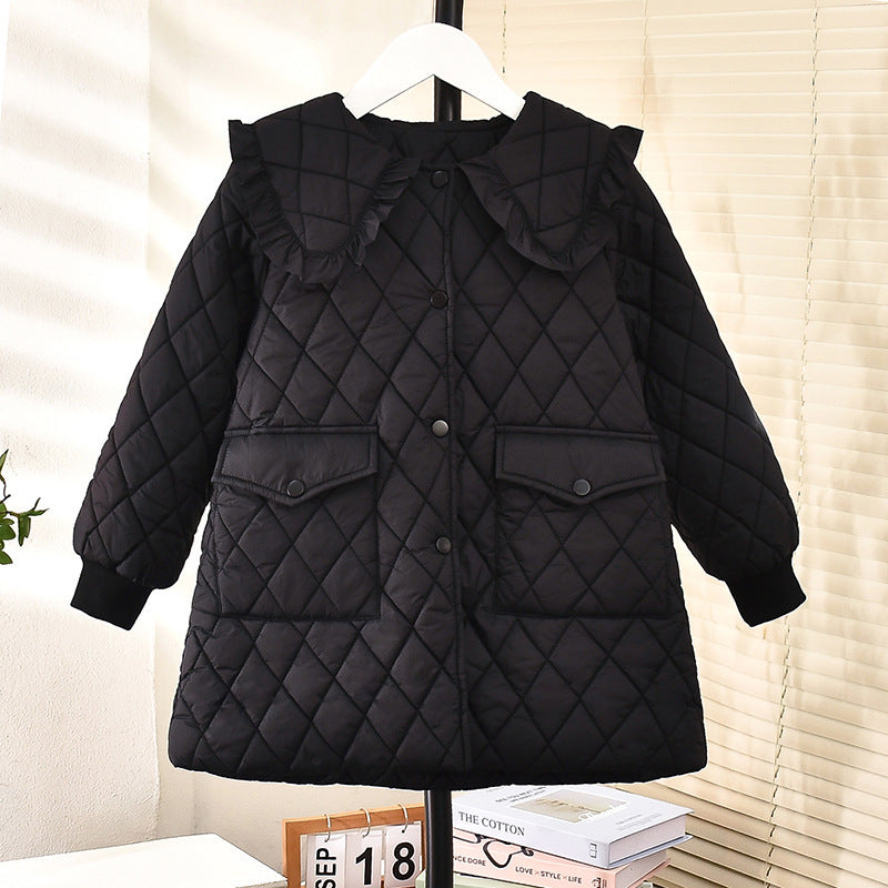 Girls 2024 new cotton coat plaid quilted cotton light cotton coat with extended waist belt Korean campus style cotton coat trendy