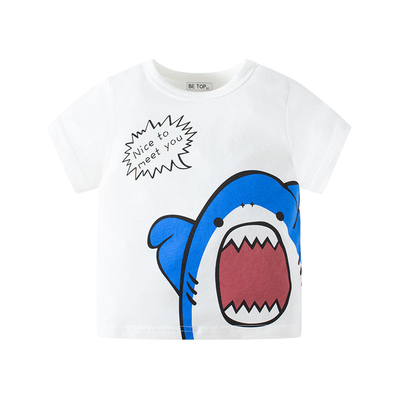 Summer Korean style new children's cartoon shark print boy cotton T-shirt baby top children's clothing one piece delivery