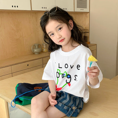 Korean children's clothing 2024 new small and medium-sized children's baby fashionable pure cotton half-sleeved girls cartoon short-sleeved T-shirt summer clothing