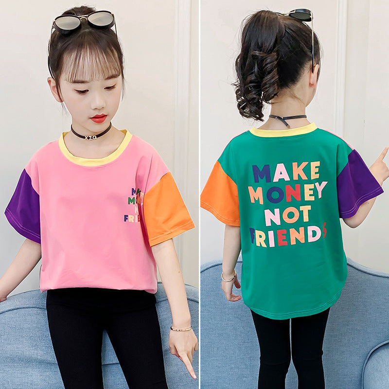 Girls short-sleeved T-shirt 2024 new children's summer clothes for middle and large children's clothes with fashionable cartoon prints and contrasting colors pure cotton tops