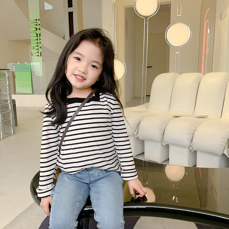 Korean children's clothing 2022 spring new children's bottoming shirt girls square collar striped long-sleeved T-shirt pure cotton top trend