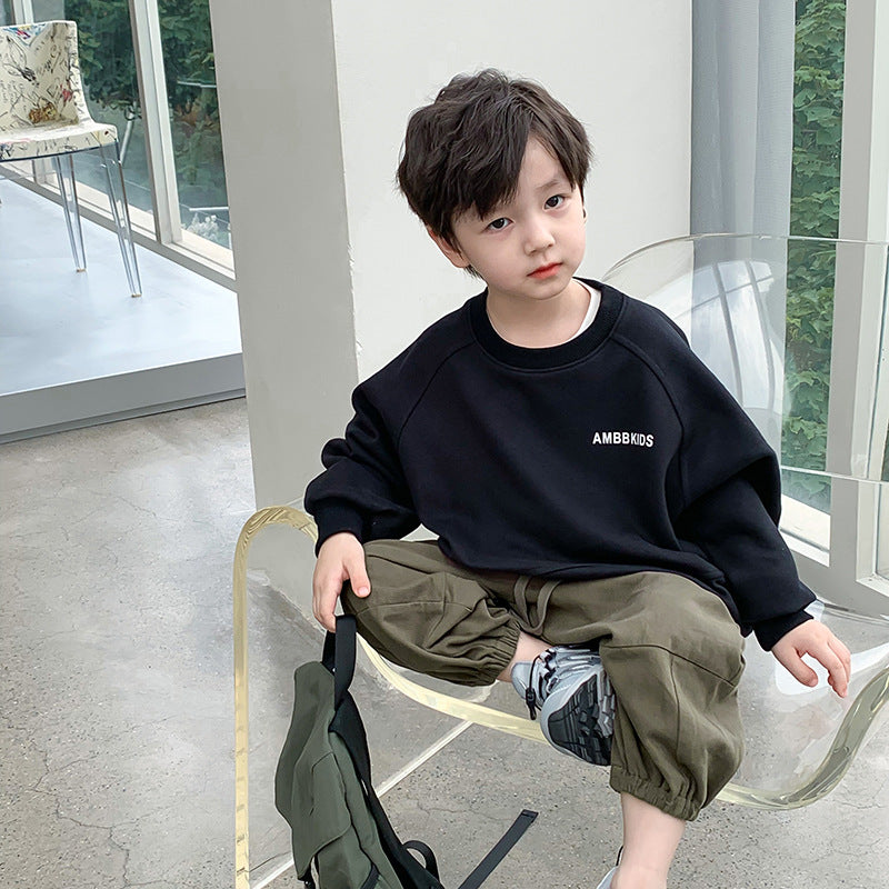 Amo Baby Children's 2024 Spring Street Fashion Round Neck Shirt Boy Baby Handsome Letter Printed Sweater Trend