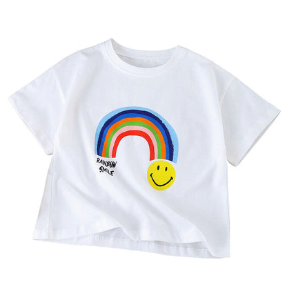 Summer girls short-sleeved T-shirt children's boys cotton T-shirt rainbow letter color printing loose elastic kindergarten trend