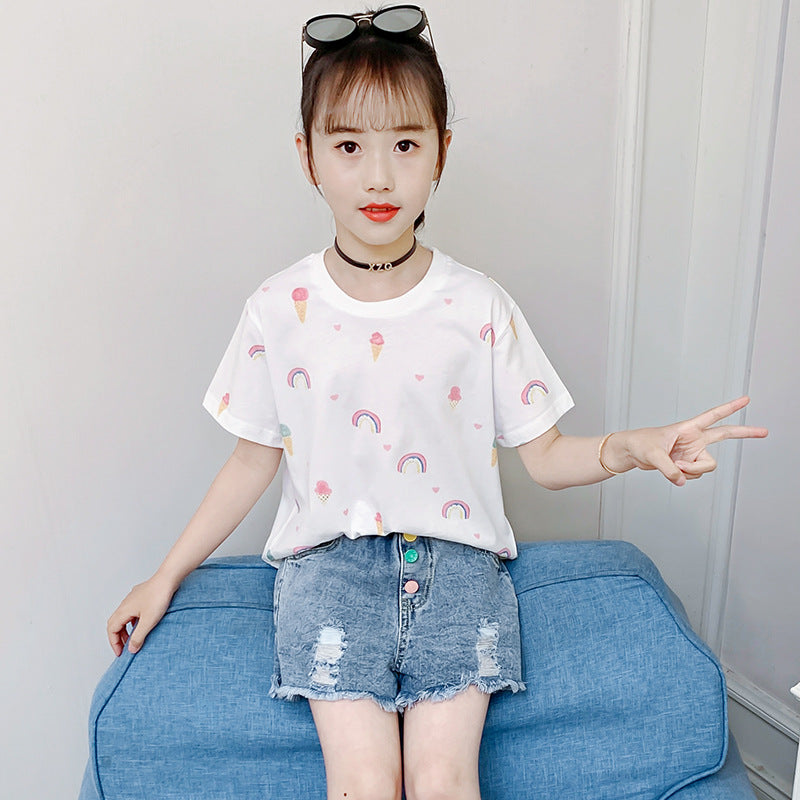 Girls short-sleeved T-shirt 2024 new summer children's casual printed T-shirt for middle and large children cotton cartoon round neck top