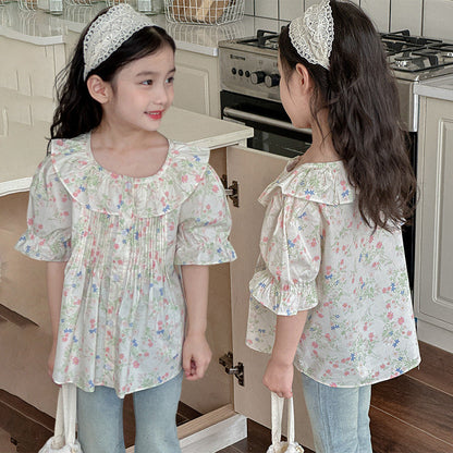 Children's summer floral shirt, pure cotton short-sleeved cotton top, Korean cardigan, fashionable summer vacation baby shirt, loose