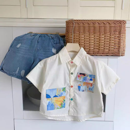 Children's shirt Bangcheng 2024 summer boys' colored button shirt children's clothing trendy painting pocket short sleeve G0263