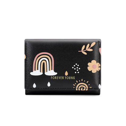 forever young new short women's wallet tri-fold printed simple Korean version of the coin purse pu card bag 