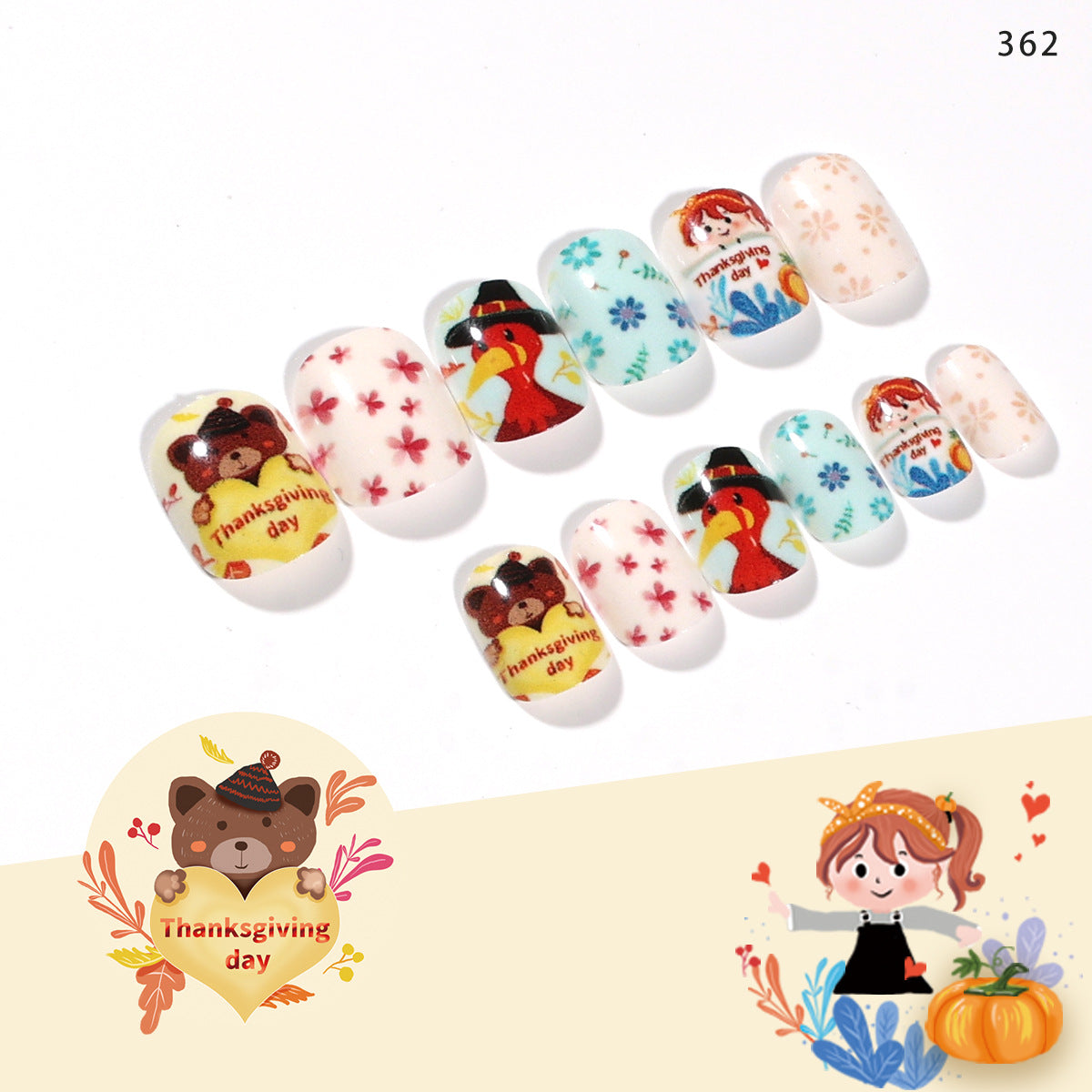 Children's wear nails cute Thanksgiving maple leaf turkey funny children's nails fake nails finished nails