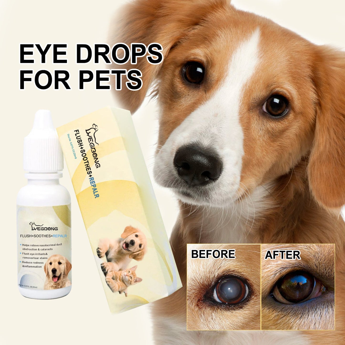 Yegbong pet eye drops for dogs and cats, gentle eye cleansing, tear stains, eye dirt, pet care eye drops 