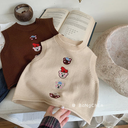 Children's vest Bangcheng 2024 spring children's clothing bear embroidered wool vest boy sweater bottom trend MY0025