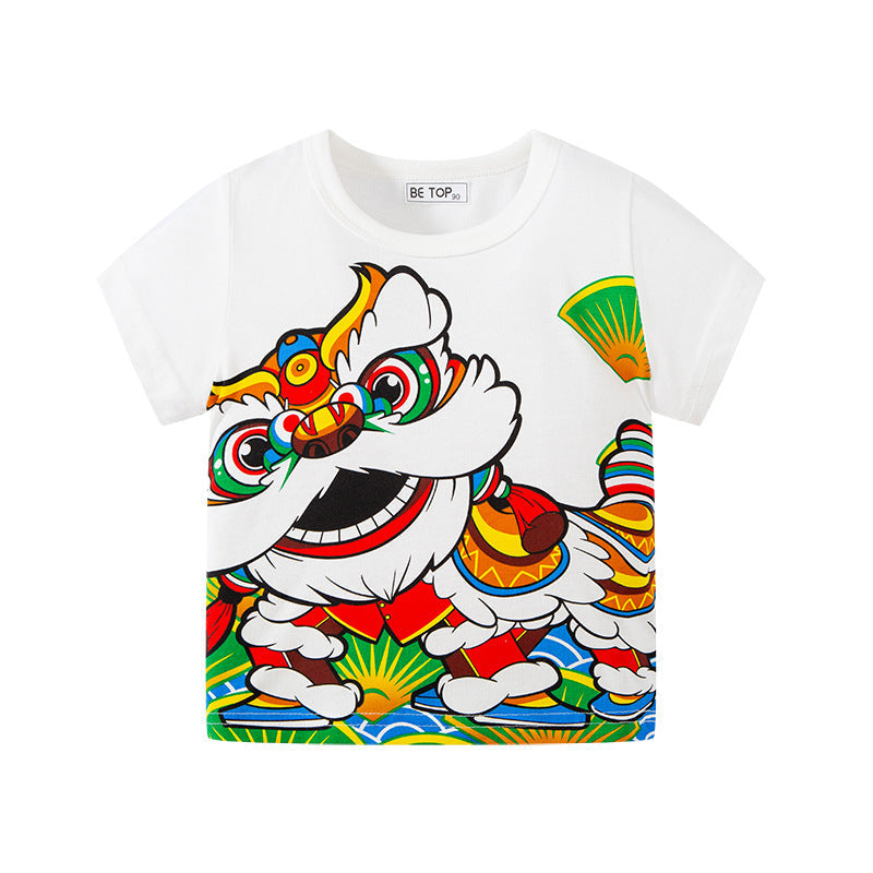 Children's clothing new Chinese style lion dance koi lucky cat print children's short-sleeved stylish T-shirt festive New Year top