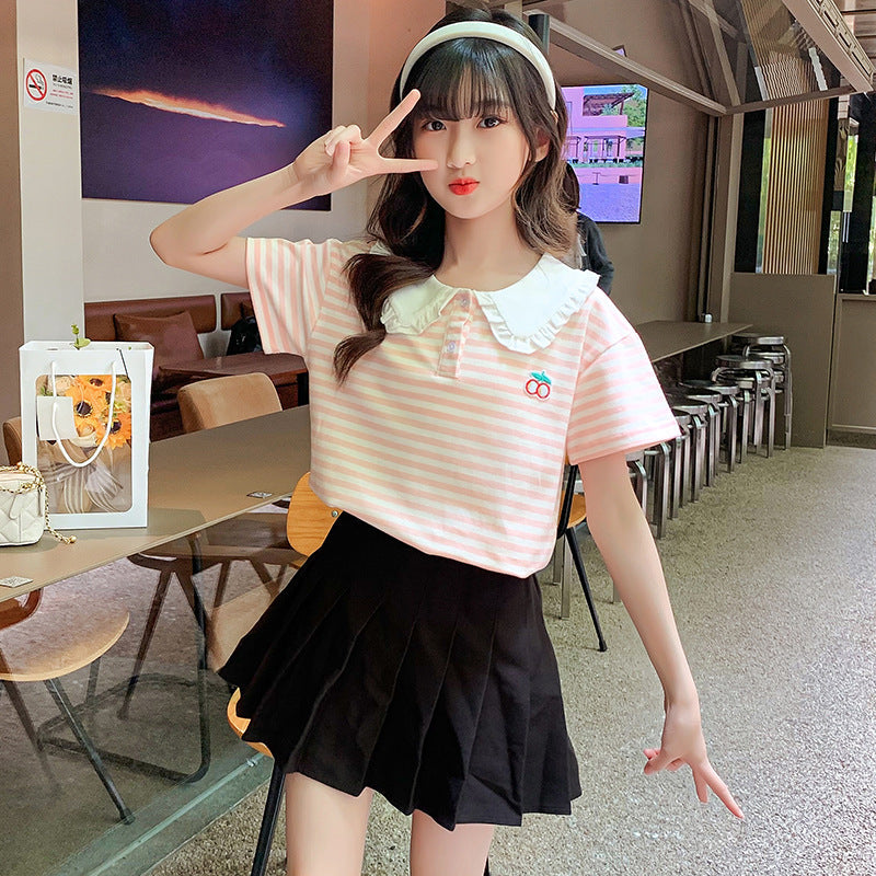 Summer Girls Short Sleeve POLO Shirt Tops Doll Collar Baseball Jacket Tennis Jacket Cotton Middle and Large Children Striped Shirt Sports