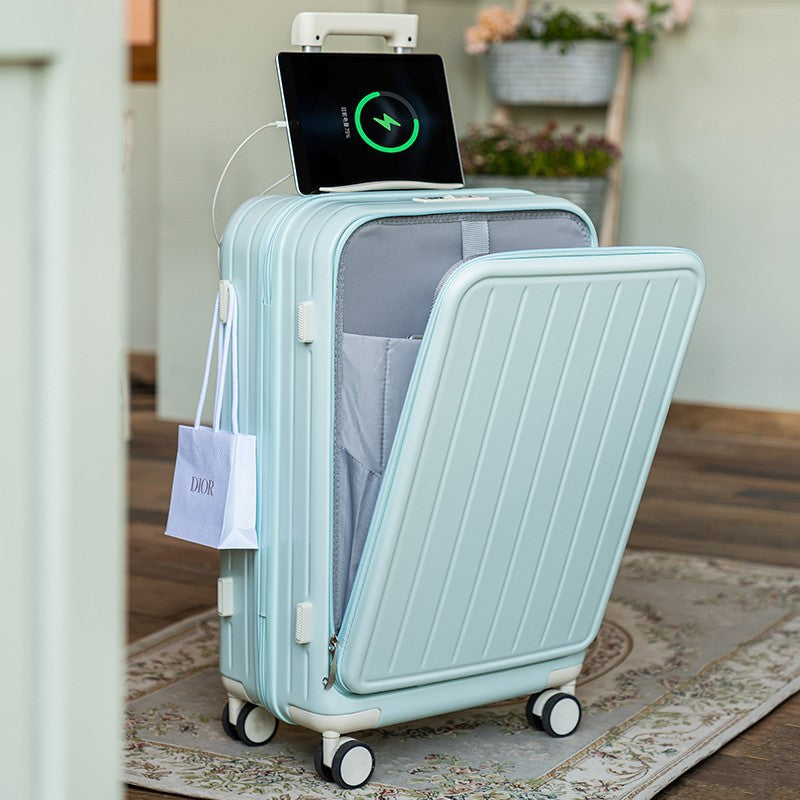 Suitcase with USB interface, front opening trolley case for women, men's fashion cup holder, password suitcase 20 cabin case 