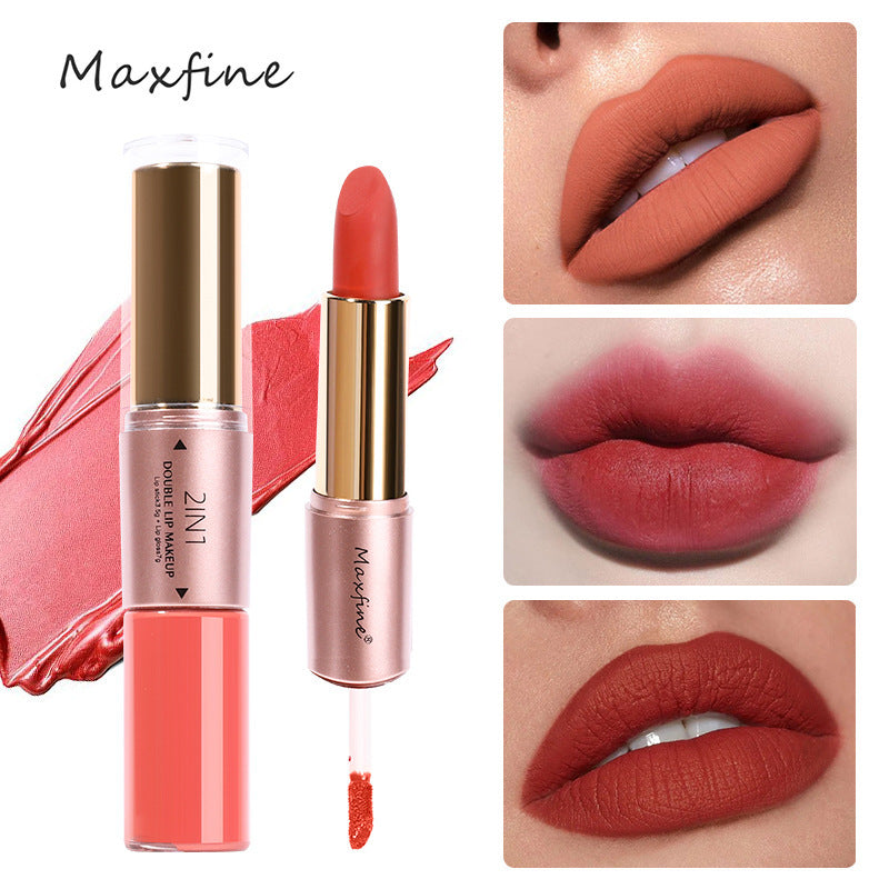 Cross-border cosmetics MAXFINE two-in-one lipstick set wholesale foreign trade non-stick cup matte no logo factory