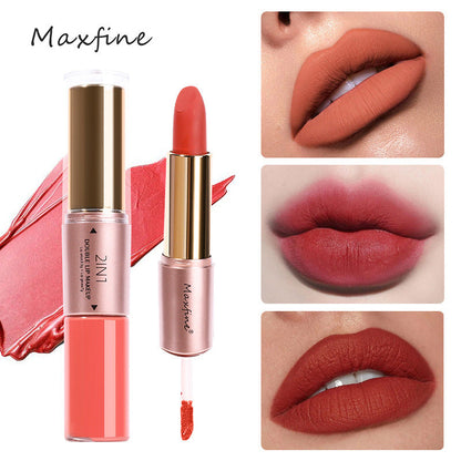 Cross-border cosmetics MAXFINE two-in-one lipstick set wholesale foreign trade non-stick cup matte no logo factory