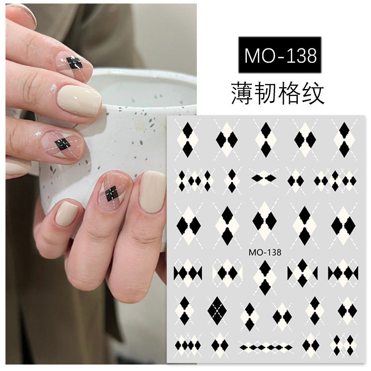 Autumn and winter nail stickers diamond check Maillard relief thin tough caramel black and white checkered sweater stickers