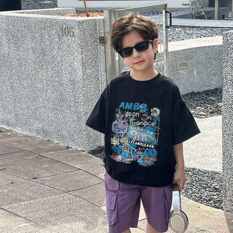 Amo Beibei children's 2024 summer cartoon graffiti short-sleeved T-shirt for boys and girls fashionable loose slit comfortable top