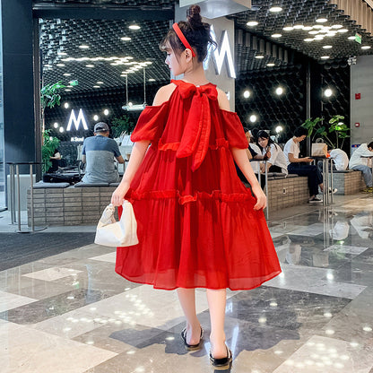 Girls summer seaside long skirt beach skirt retro chiffon French travel vacation loose sling fairy elegant red