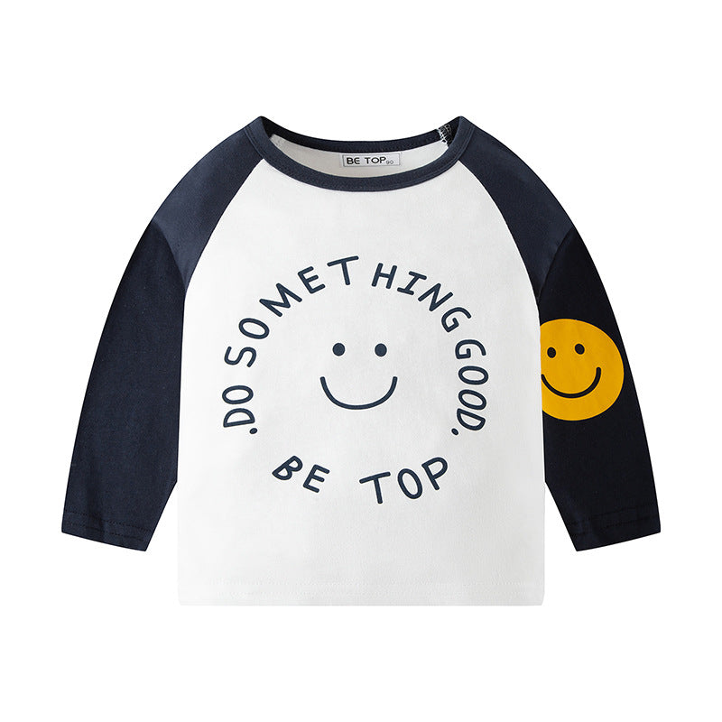 2024 new children's cartoon letter raglan sleeves pure cotton long sleeves boy round neck T-shirt Korean version children's clothing wholesale tide