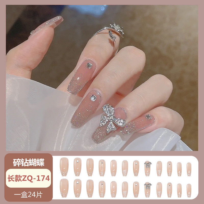 Wearable nail wholesale Xiaohongshu hot-selling nail art nail tips medium and long glitter black bow detachable nail stickers