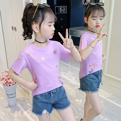 Girls summer short-sleeved T-shirt 2024 new fashion cartoon print loose T-shirt casual sports cotton top