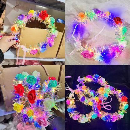 Luminous gold flower garland fairy feather headband Internet celebrity night market push flash headdress scan code gift wholesale