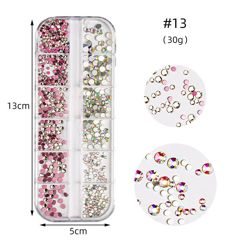 Zhifei nail art high silver flat bottom diamond 12 styles nail art fantasy color AB water diamond decoration shiny diamond long box