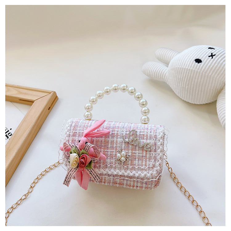 Children's pearl handbag 2024 new cotton and linen small square bag fashionable and cute girls decorative bag messenger bag 