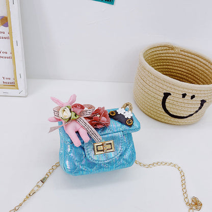 Korean fashion small square bag cartoon bunny pendant girl accessories bag shiny small square bag crossbody children's bag