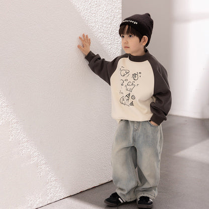 Amo Beibei children's winter plus velvet warm trousers boys 2023 Korean version handsome super soft velvet denim straight pants